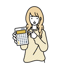 a woman in casual style recommending, proposing, showing and pointing a calculator with a smile