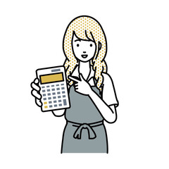 a woman in cafe apron recommending, proposing, showing estimates and pointing a calculator with a smile