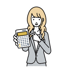 a woman in business suit style recommending, proposing, showing estimates and pointing a calculator with a smile