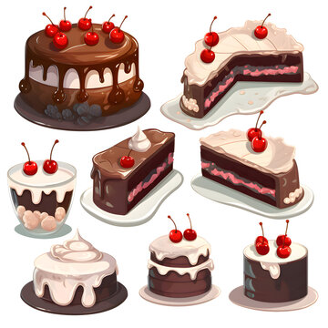 Vector illustration of a set of different types of chocolate cakes with cherries