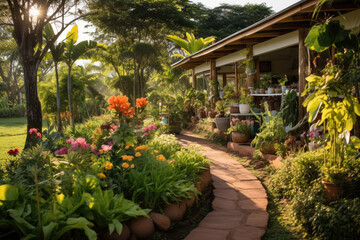 Modern greenhouse with a variety of plants, flowers that grow lush in a protected environment. Generative AI.