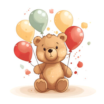 Cute cartoon teddy bear with colorful balloons. Vector illustration.