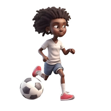 3D rendering of a little african american girl playing soccer isolated on white background