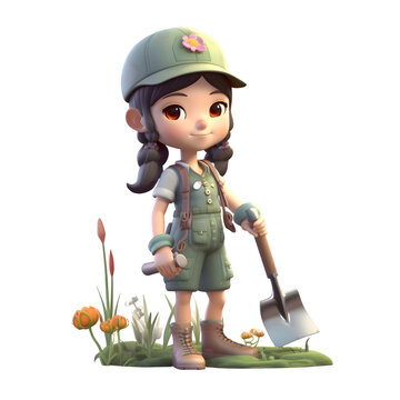 Cute girl with shovel and flower in the garden - 3d rendering