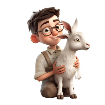 3d render of little boy with goat on a white background.