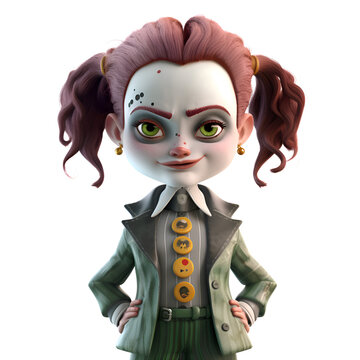 Zombie girl. Halloween character. 3D rendering. Isolated white background.