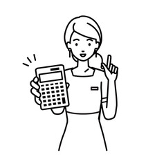 an esthetician, receptionist woman recommending, proposing, showing estimates and pointing a calculator with a smile