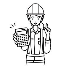 a woman working at construction sites recommending, proposing, showing estimates and pointing a calculator with a smile