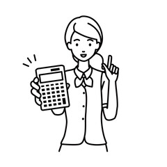 a woman in clerical uniform recommending, proposing, showing estimates and pointing a calculator with a smile