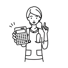 a nurse woman recommending, proposing, showing estimates and pointing a calculator with a smile