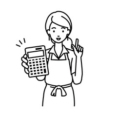 a woman in cafe apron recommending, proposing, showing estimates and pointing a calculator with a smile