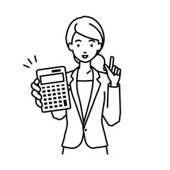 a woman in business suit style recommending, proposing, showing estimates and pointing a calculator with a smile
