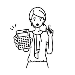 a woman in casual work style recommending, proposing, showing estimates and pointing a calculator with a smile
