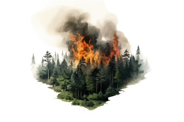 a wildfire spreading in a forest viewed from above, abstract shape isolated on a transparent background, generative ai