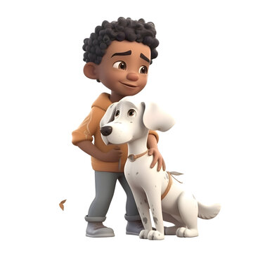 3D Render of an African American boy with a dog on white background