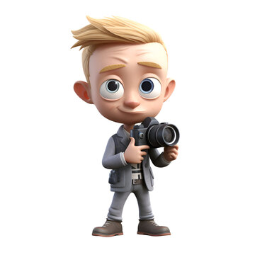 3D illustration of a boy with a camera. Isolated white background.