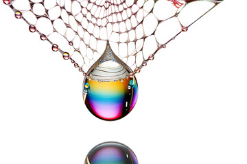 macro photograph of a rainbow refracted within drop of water dripping from a web, abstract shape isolated on a transparent background, generative ai