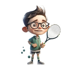 3D Render of a Little Boy with tennis racquet and glasses