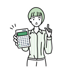 立って電卓を持ってこちらに向けて見せているシャツの女性