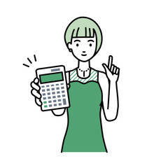 立って電卓を持ってこちらに向けて見せているドレスの女性