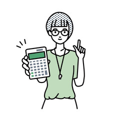 立って電卓を持ってこちらに向けて見せている教師の女性