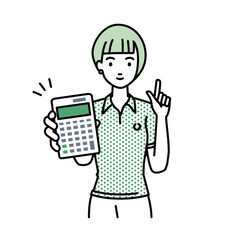 立って電卓を持ってこちらに向けて見せているポロシャツの女性