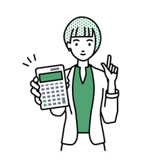 立って電卓を持ってこちらに向けて見せているジャケットの女性