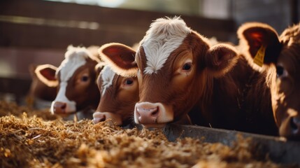 Close up of calves on an animal farm eating food—meat industry concept. - obrazy, fototapety, plakaty