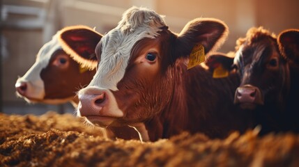 Close up of calves on an animal farm eating food—meat industry concept.