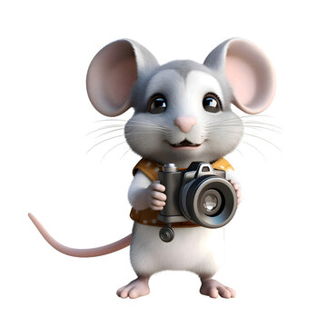 3D rendering of a cute white mouse with a camera in his hand