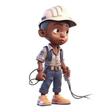 3D Render of an African American boy with a construction helmet and tools