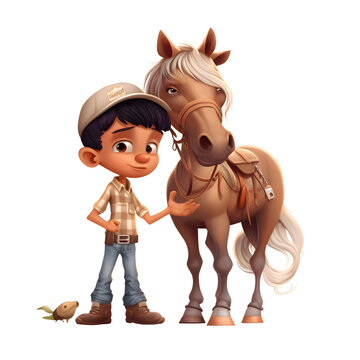 Vector illustration of a boy and a horse. Isolated on white background.
