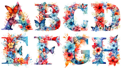 Alphabet With Butterfly Watercolor Clipart 01. Generative AI