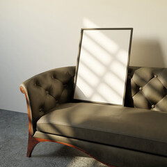 Aesthetic frame mockup poster laying on the chesterfield sofa light by window silhouete
