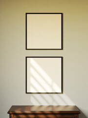 minimal of two empty square frame mockup poster verticaly above the wooden table light by sunlight
