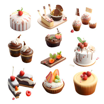 Set of different cakes on a white background. 3D illustration.