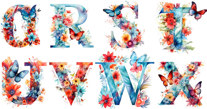 Alphabet With Butterfly Watercolor Clipart 03. Generative AI