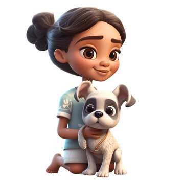 3d rendering of a little girl with her dog isolated on white background