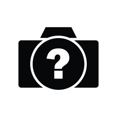 Photo camera with question mark on lens glyph icon vector. Help, info, support, unknown symbol camera icon. Vector illustration glyph pictogram for infographic interface or design graphic.