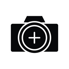 Obraz premium Photo camera with add sign on lens glyph icon vector. New, add, plus, positive symbol camera icon. Vector illustration glyph pictogram for infographic interface or design graphic.