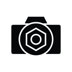 Photo camera with settings symbol on lens glyph icon vector. Vector illustration glyph pictogram for infographic interface or design graphic.