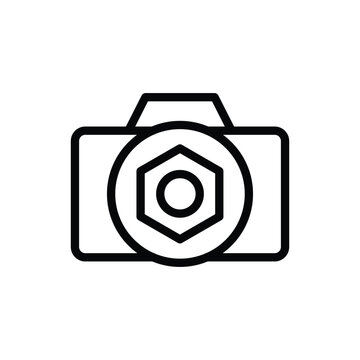 Photo camera with settings symbol on lens line icon vector. Vector illustration outline pictogram for infographic interface or design graphic.
