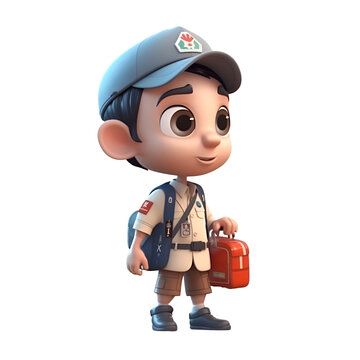 Cute boy in uniform with a suitcase. 3d illustration.