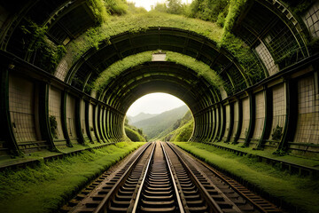 Railway mossy tunnel walls surrounded by beautiful natural scenery