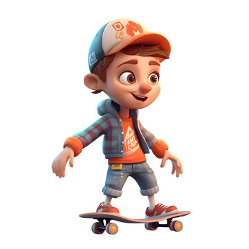 3D Render of Little Boy with skateboard isolated on white background