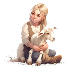3d rendering of a cute little girl sitting with a white goat