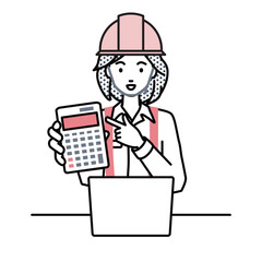 座ってデスクでノートPCを開いて電卓を指差してこちらに向けて見せている工事現場の女性