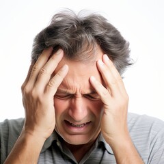Fototapeta premium a adult man with migraine headache holding his head having pain. isolated on white background. studio photo. square format. Generative AI