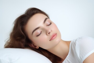 Obraz na płótnie Canvas a young beautiful woman sleeps on a white pillow, isolated on white background, studio photo. generative ai