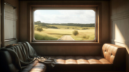 Traveling inside a luxurious vintage train carriage, private room with window view